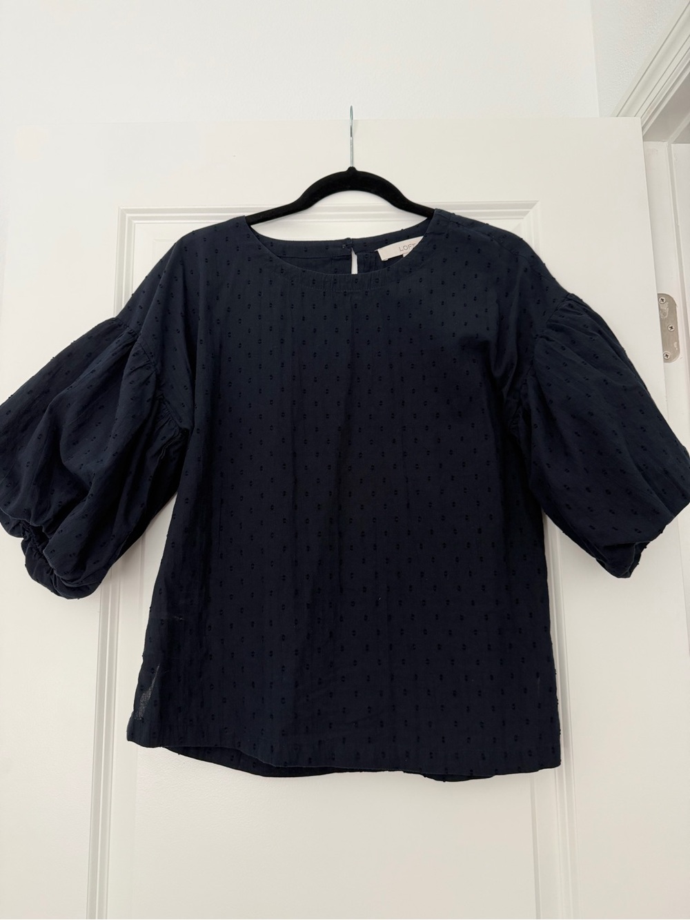 LOFT Dark Navy Puff Sleeve Dot Blouse